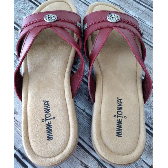 Minnetonka | NWOT Red Leather 'Siesta' Silver Accent Slide Sandals 11M #5902610 - Picture 8 of 12